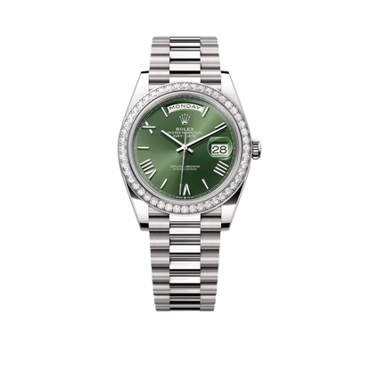 Day-Date 40 228349RBR White Gold Olive Green Dial Diamond Bezel