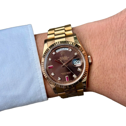 Day-Date 36mm Rose Gold 18K Chocolate Dial Ruby Diamond 118235