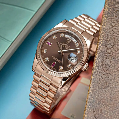 Day-Date 36mm Rose Gold 18K Chocolate Dial Ruby Diamond 118235